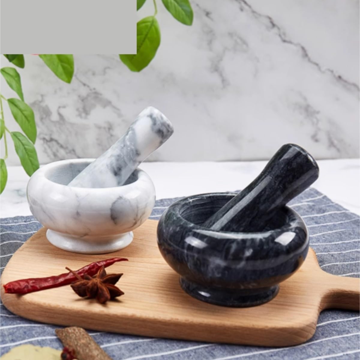 Pestello e mortaio， Set mortaio in marmo for pepe, aglio e zenzero(Black)