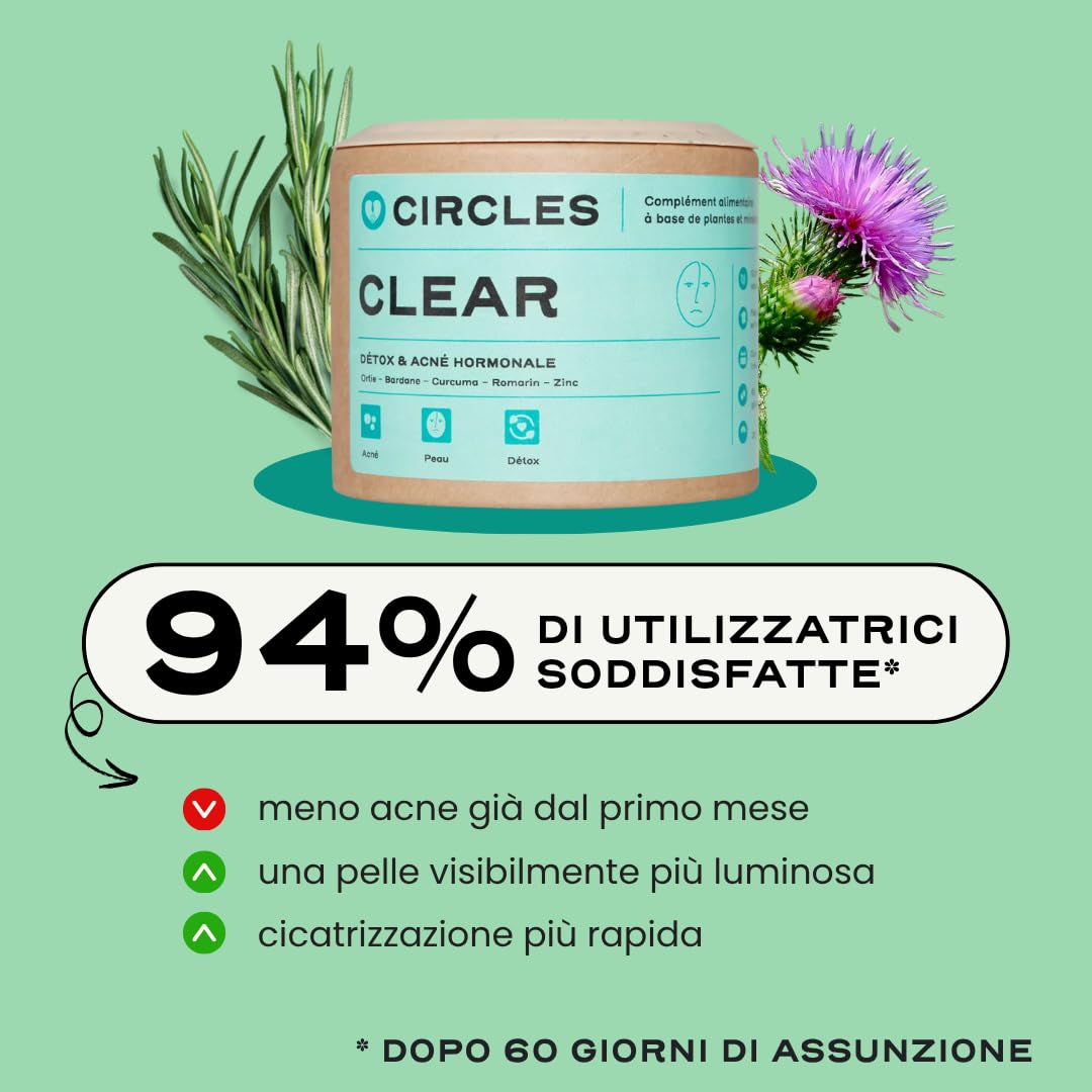 Circles CLEAR Integratore Donna Acne Ormonale - Zinco + Bardana Ortica Curcuma Rosmarino - Equilibrio Ormonale Post-Pillola Ciclo - Pelle Impura Imperfezioni - 60 Capsule Vegan Senza Glutine (1)