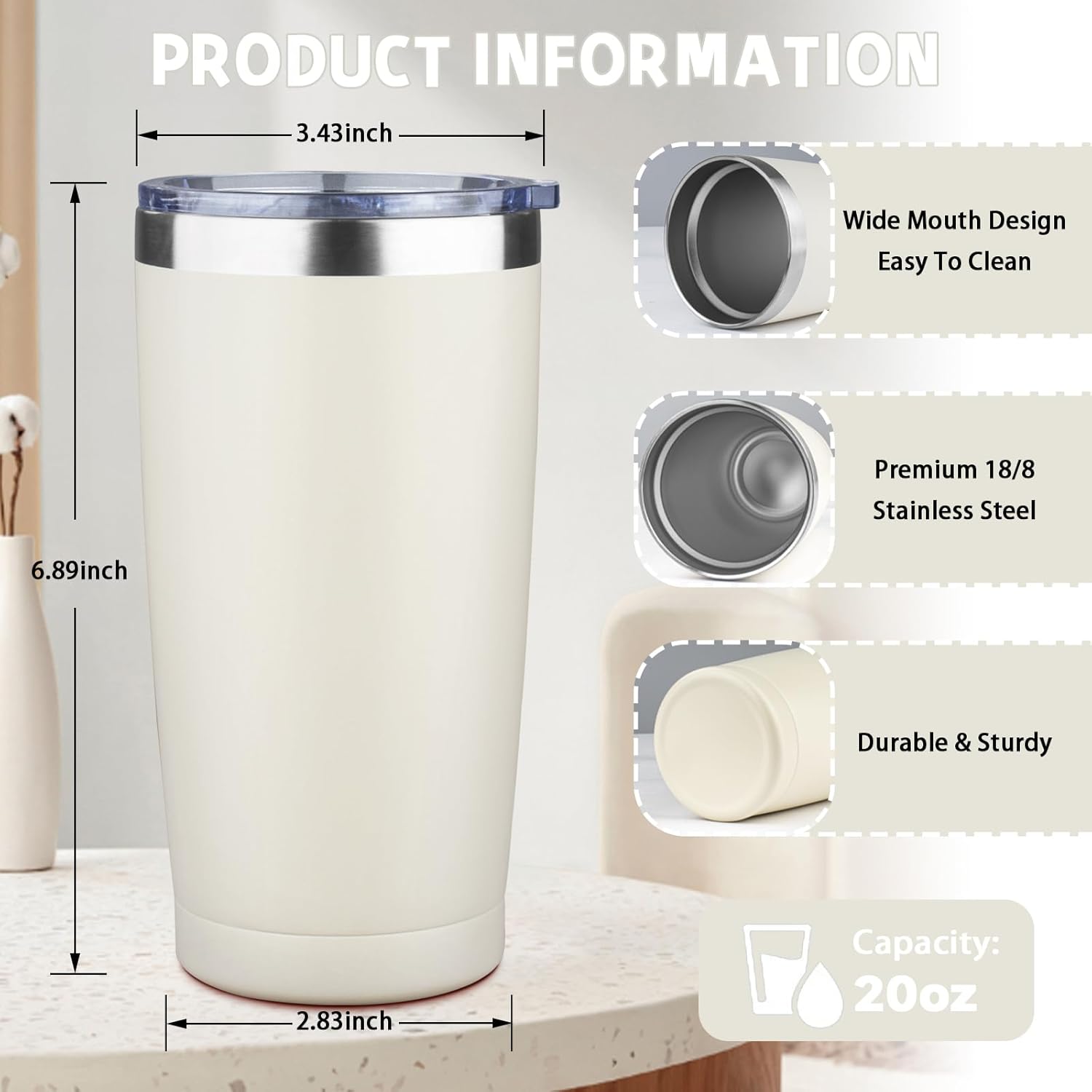 20 oz Tumbler with Lids and Straws, Stainless Steel Insulated Coffee Tumbler, Double Wall Vacuum Insulated Travel Mug Cup, Leakproof Thermal Coffee Cup for Hot and Cold Drinks (cream) - Image 2