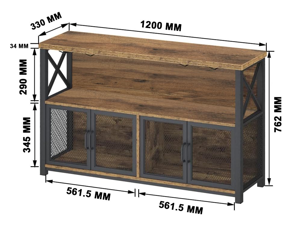 Image of Klaxon Wooden Bar Cabinet for Home | Large Bar Unit for Living Room with Wine Rack, Hanging Glass Holders & Mesh Door Storage | Rustic Bar Table for Home & Bar Counter for Home (Nysa)