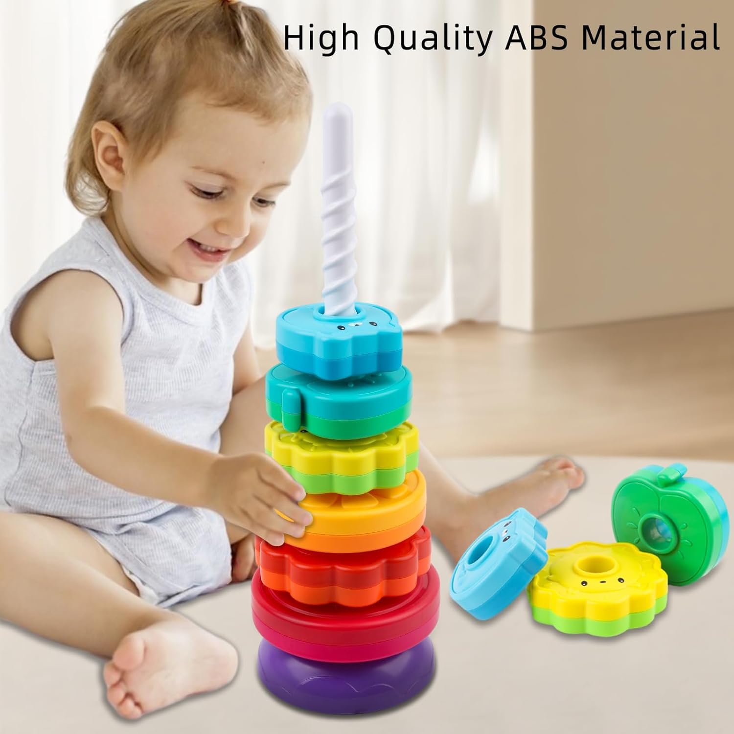 Cable World Baby Spinning Stacking Toys for Toddlers 1-3, Rainbow Ring Stacker Montessori Toys for Babies, 1 2 3 One Year Old Girl Boy Christmas Birthday Gifts, Autism Sensory Learning Toy 1