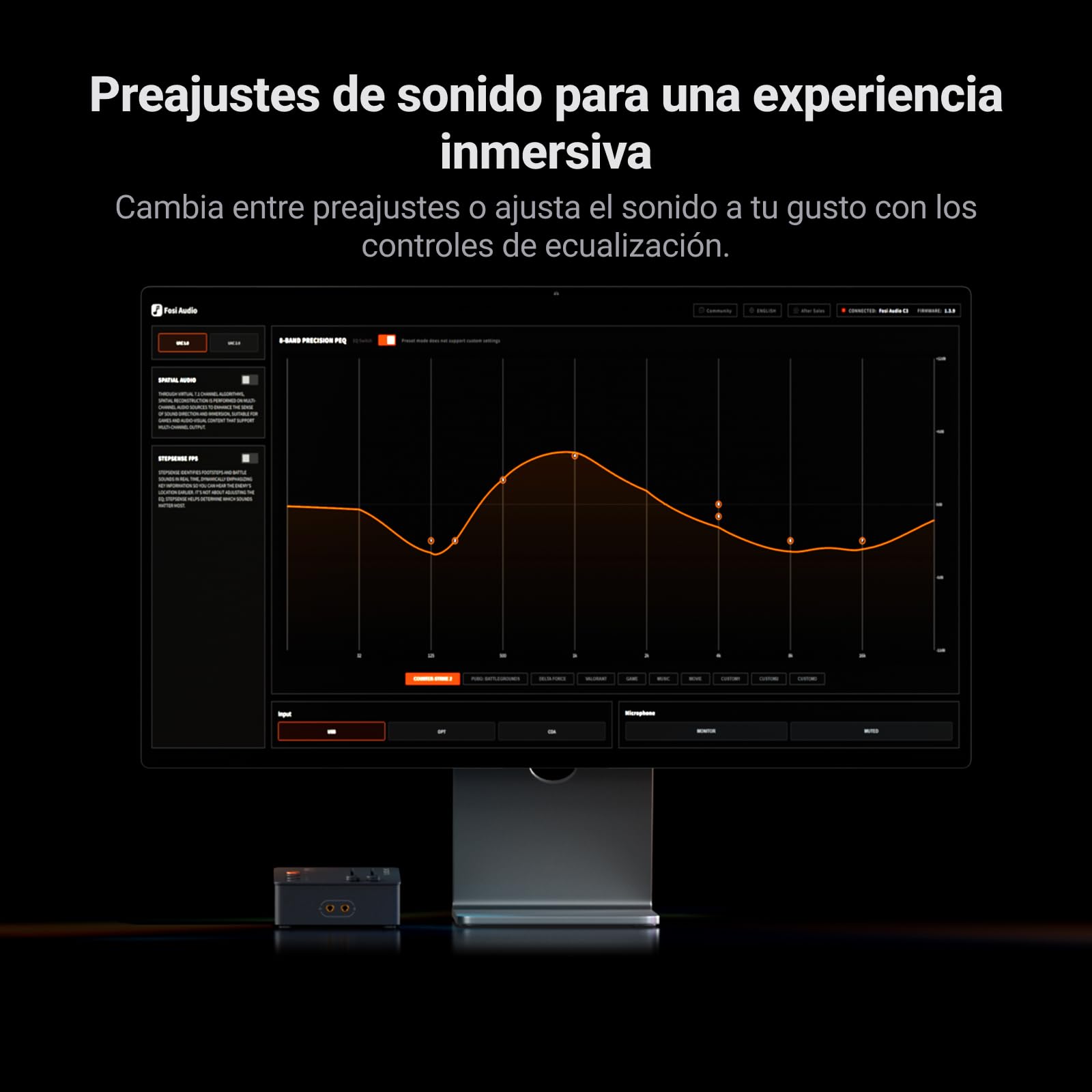 Fosi Audio C3 Gaming DAC, Tarjeta de Sonido/Sound Card USB Externa con Footstep Enhancement y 7.1 Surround Mic con Cancelacion de Ruido para FPS Gaming, XMOS Hi-Fi PCM 384kHz/DSD256 para PC/PS5/Switch