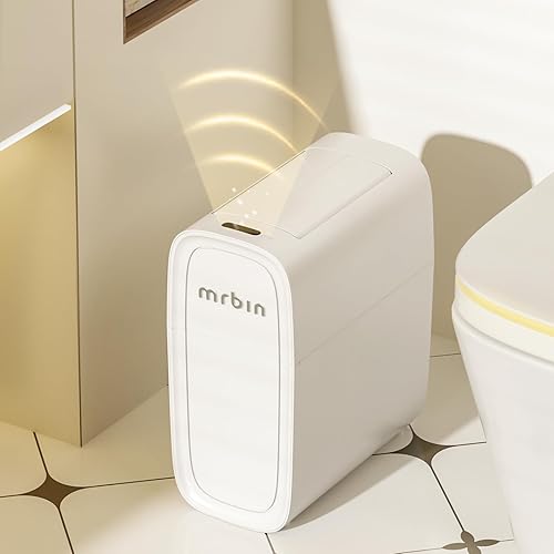 MRBIN Bote de basura de absorción con sensor de movimiento con tapa de mariposa, cesta de basura de plástico estrecha, eléctrica y automática de 12