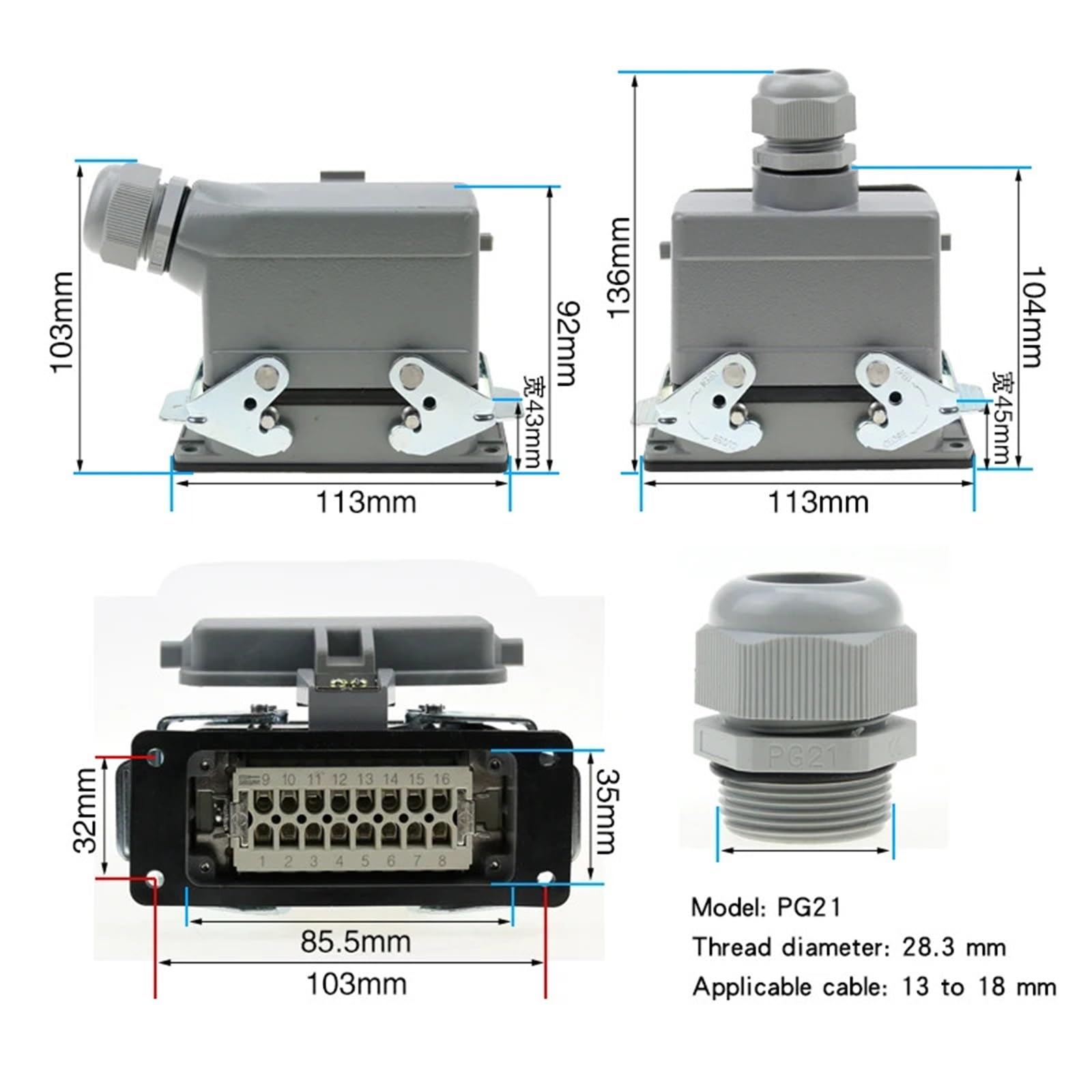 Connecteur rectangulaire robuste HDC-HE-016, 16 broches, prise d'aviation industrielle, 500V, 16a, 1 pièce(16 core top line)