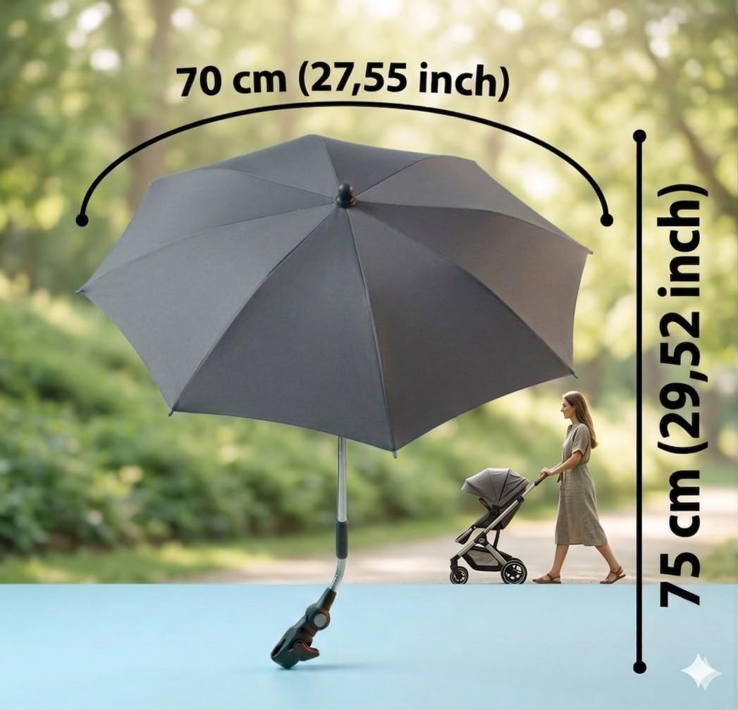 TC BABY'S Sombrilla para cochecito de bebé, universal, anti UV, protección para niños, color gris oscuro