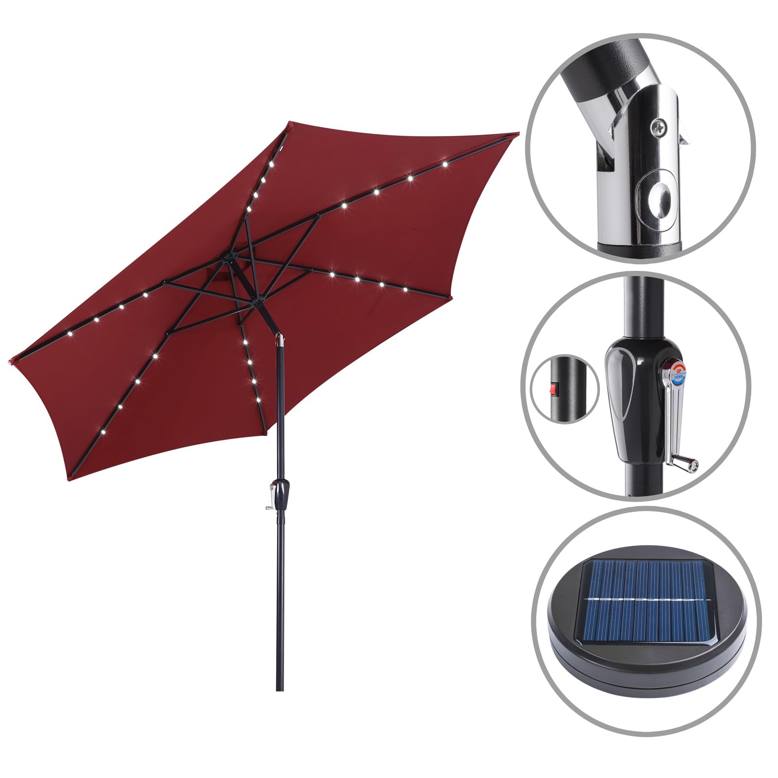 Kingsleeve® Sonnenschirm LED Beleuchtung UV Schutz 80+ Solar Schutzhülle 270cm Groß Kurbel Knickbar Balkon Terrasse Gartenschirm Marktschirm Rot