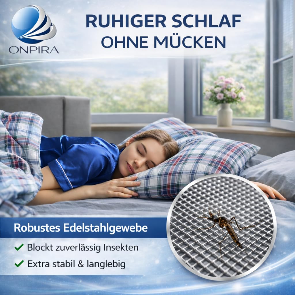 ONPIRA® Fliegennetz Meterware Edelstahl oder Aluminium Rostfrei & Katzensicher – Insektenschutz für Fenster & Türen in Silber oder Schwarz, Zuschneidbar & wetterfest (Edelstahl, 100cm x 2m)