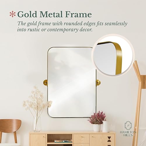 Miniatura 6 de Hamilton Hills Espejo con marco de metal dorado cepillado de 16 x 24 pulgadas, espejos pivotantes para baños, marco rectangular de esquina