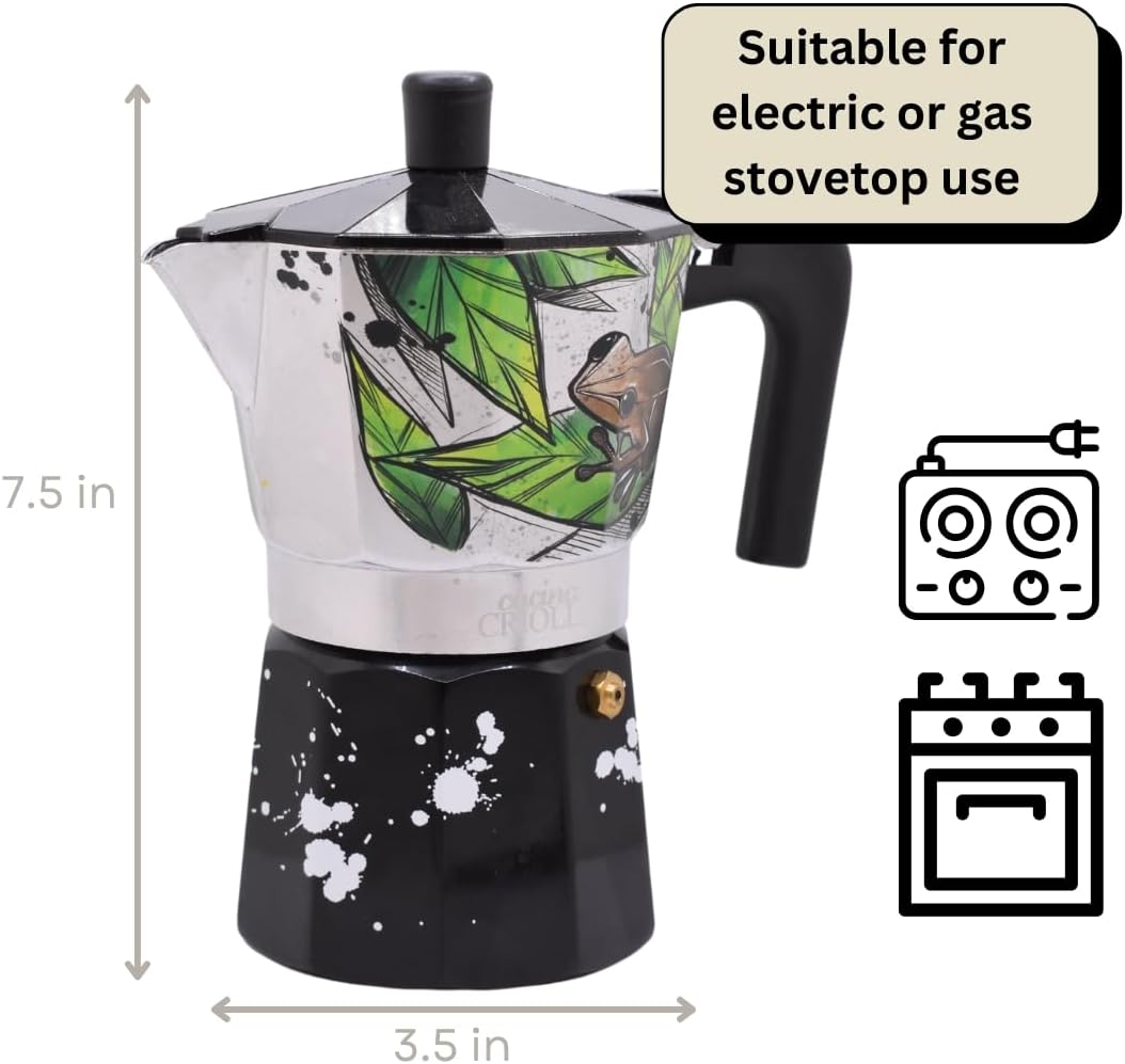 Puerto Rico Greca de Cafe Gift Set | Boricua Art by Joshua Montes Stovetop Coffee pot & Moka Pot with Authentic Café El Coqui and a Wooden Spoon | Cafetera | El Coqui, 6 Espresso Cups