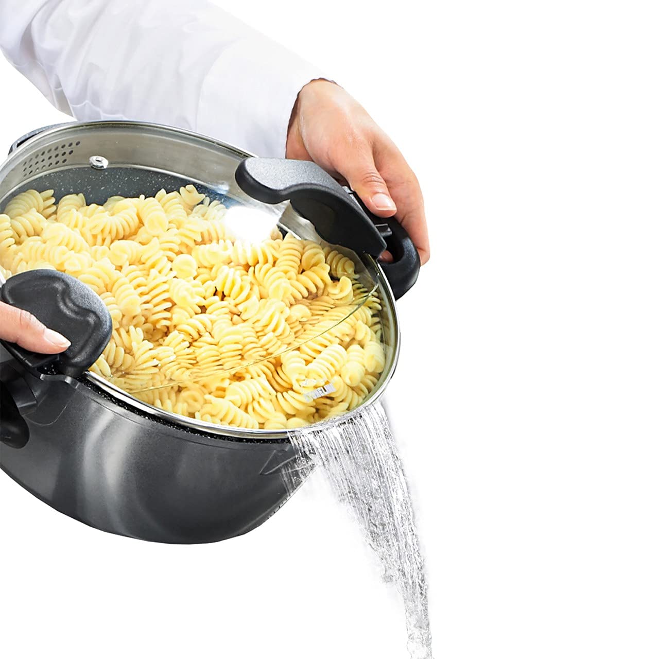 STONELINE Future Aluguss Stielkasserolle mit Deckel und Sieb-Funktion 18 cm, 2 L, Kleiner Topf Induktion für alle Herdarten, Milchtopf Kochtopf antihaftbeschichtet mit echten Steinpartikeln, Grau