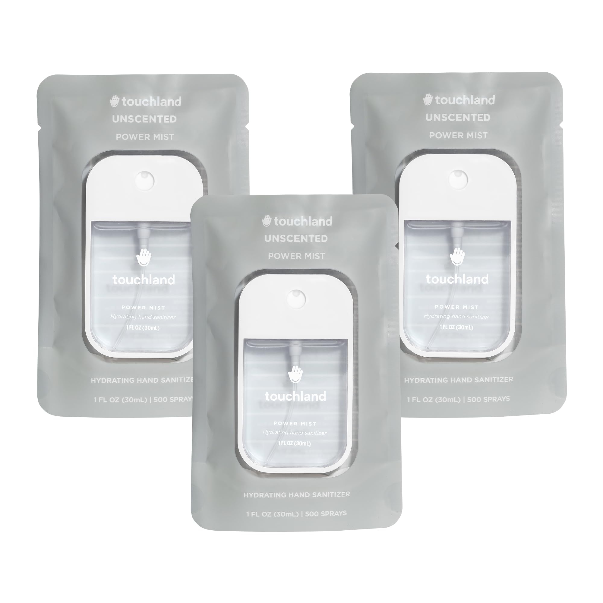 Touchland Hydrating Hand Sanitizer Spray, UNSCENTED Trio Set, 1 FL. OZ. Travel Size Power Mist Sprays (Set of 3)