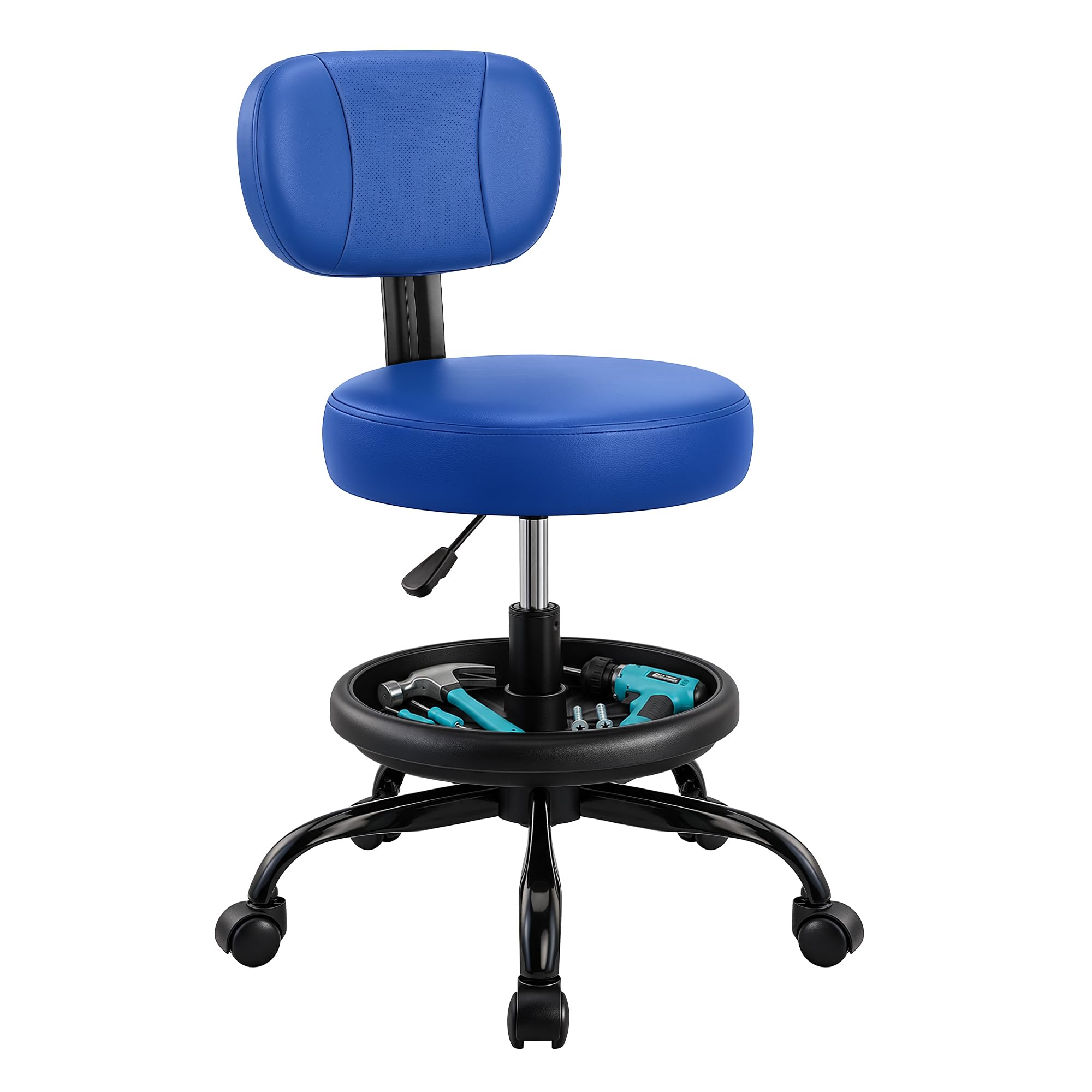 Rolling Garage Mechanic Shop Stool with Backrest, Height Adjustable Heavy Duty Swivel Task Chair with Footrest &amp; Storage Tray, Mobile Workshop Stool for Auto Repair, Salon, Lab, Tattoo Shop (Blue)
