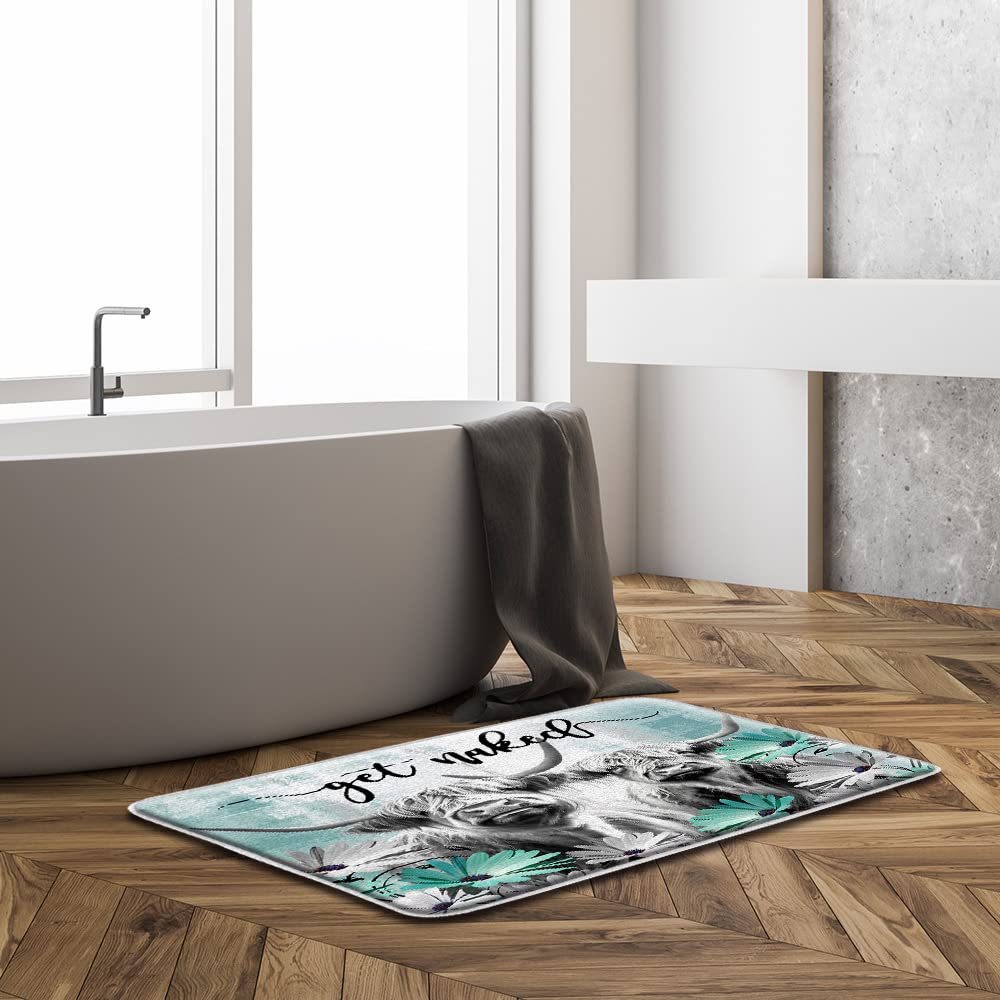 Farmhouse Highland Cow Bath Mat Get Naked Western Funny Farm Animal Portrait of Longhorn Bull Teal Daisy Flower Rustic 24