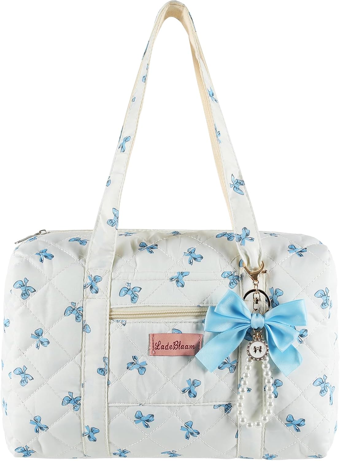 Coquette Bag with Ribbon Pearl Bow - Blue Cute Travel Bag Bow Tote Bags,Floral Quilted Duffle Bag for Women Girls,Coquette Aesthetic Y2K Shoulder Bags,Weekend Bag for Travel Trip Work