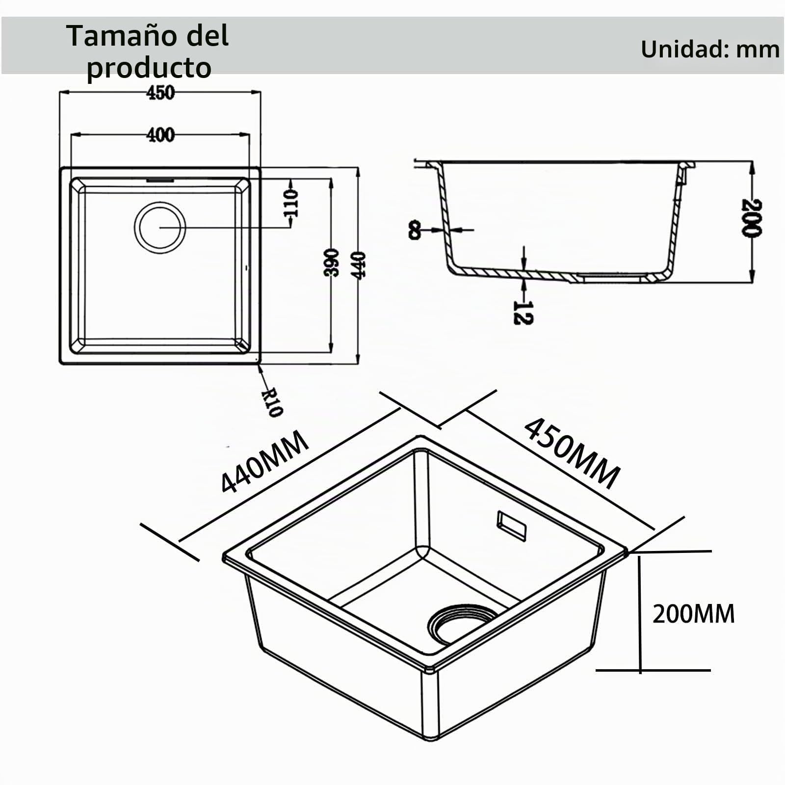 Fregadero Cocina 45x45 cm, Fregadero Bajo Encimera Granito, Negro | Compatible Instalación Empotrada y bajo Encimera, Incluye Rebosadero y Desagüe, Apto para Cocinas, Barras