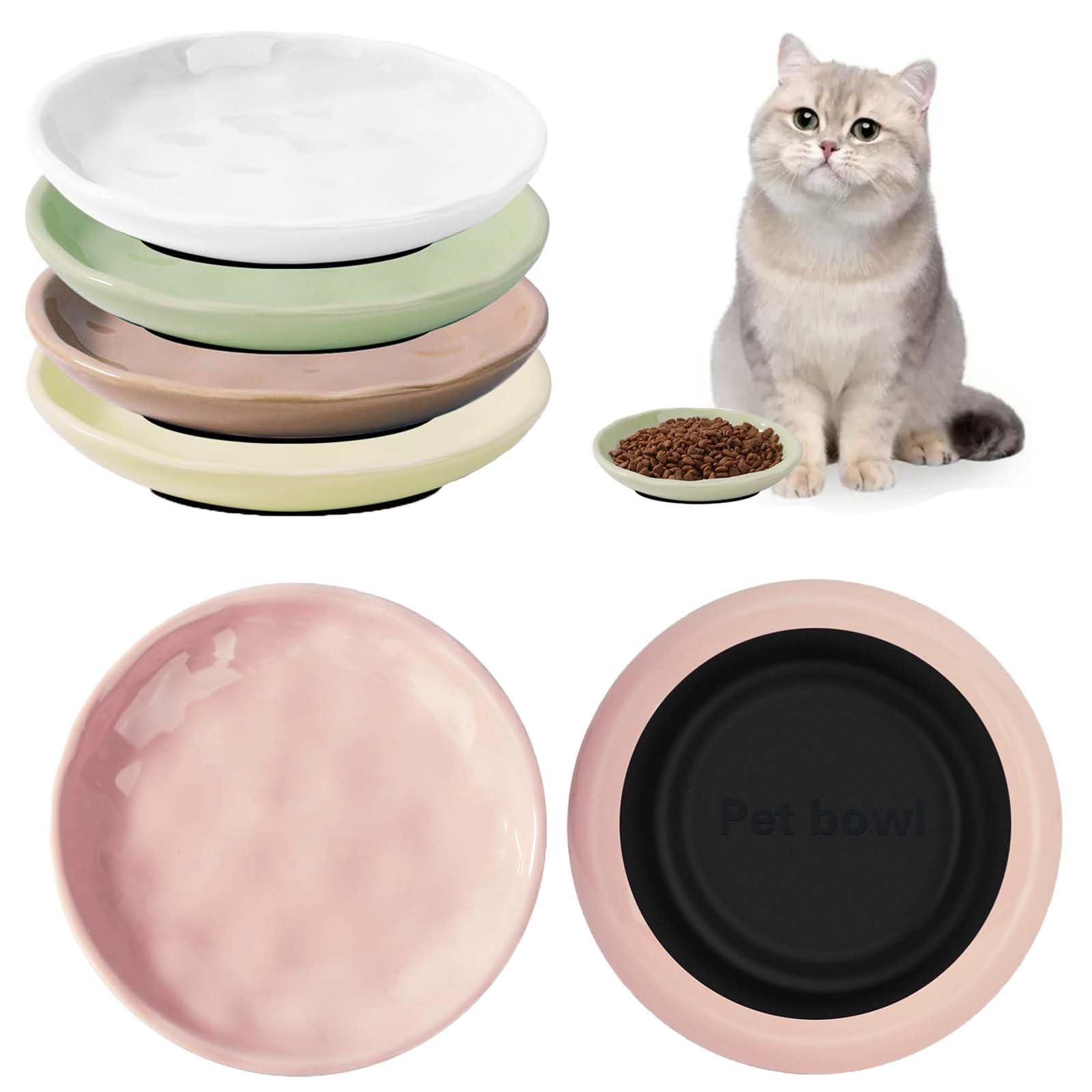 Set di ciotole per gatti in ceramica, 5 pezzi di ciotole per gatti, ciotola per cibo per gatti con fondo antiscivolo in silicone, piatto per gatti in ceramica, ciotole piatte, per gatti, gattini e