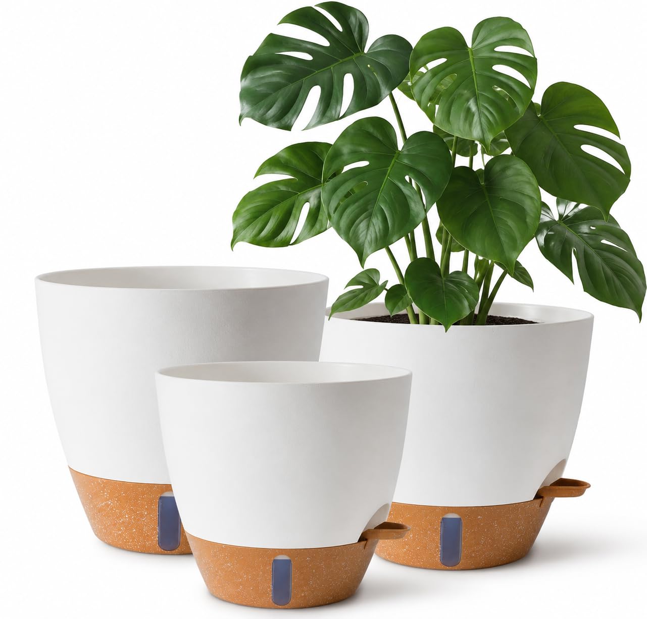 Set di 3 vasi da fiori autoirriganti, 20/25/30,5 cm, con sottovaso e fori di drenaggio, moderni vasi per piante da interni ed esterni, bianco