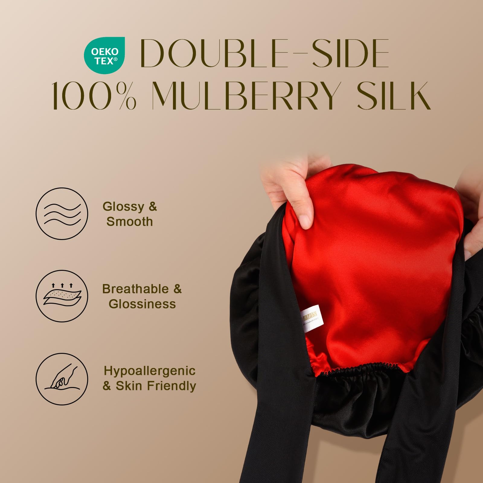 ZIMASILK 100% Mulberry Silk Bonnet for Sleeping Shower Caps Women Long Hair Double Layer Silk Hair Wrap with Elastic & Tie Band Cooling Hair Caps for Hair Care Stay On Head (1Pc - Image 2