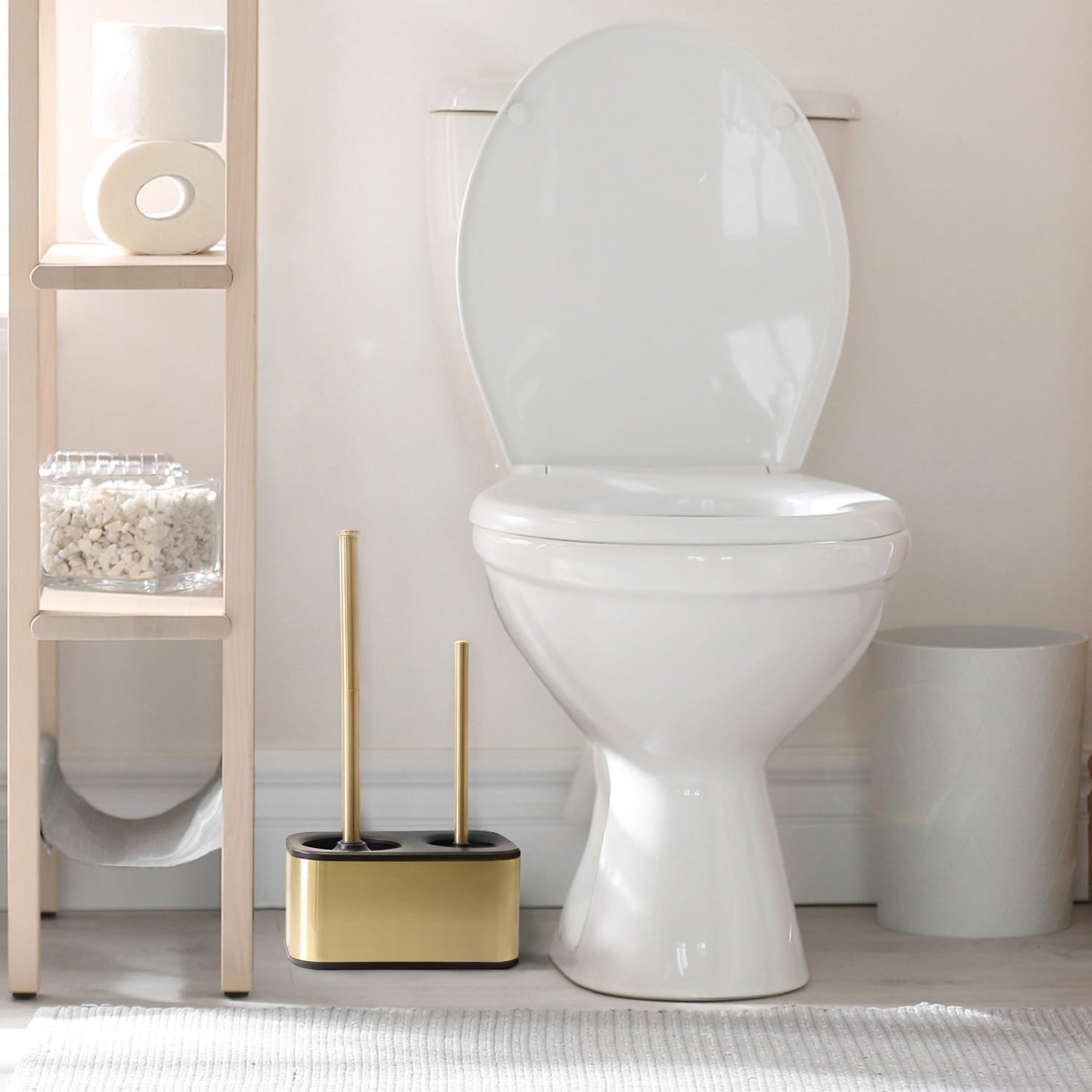 Gold Metal Toilet Brush and Plunger Set with Holder