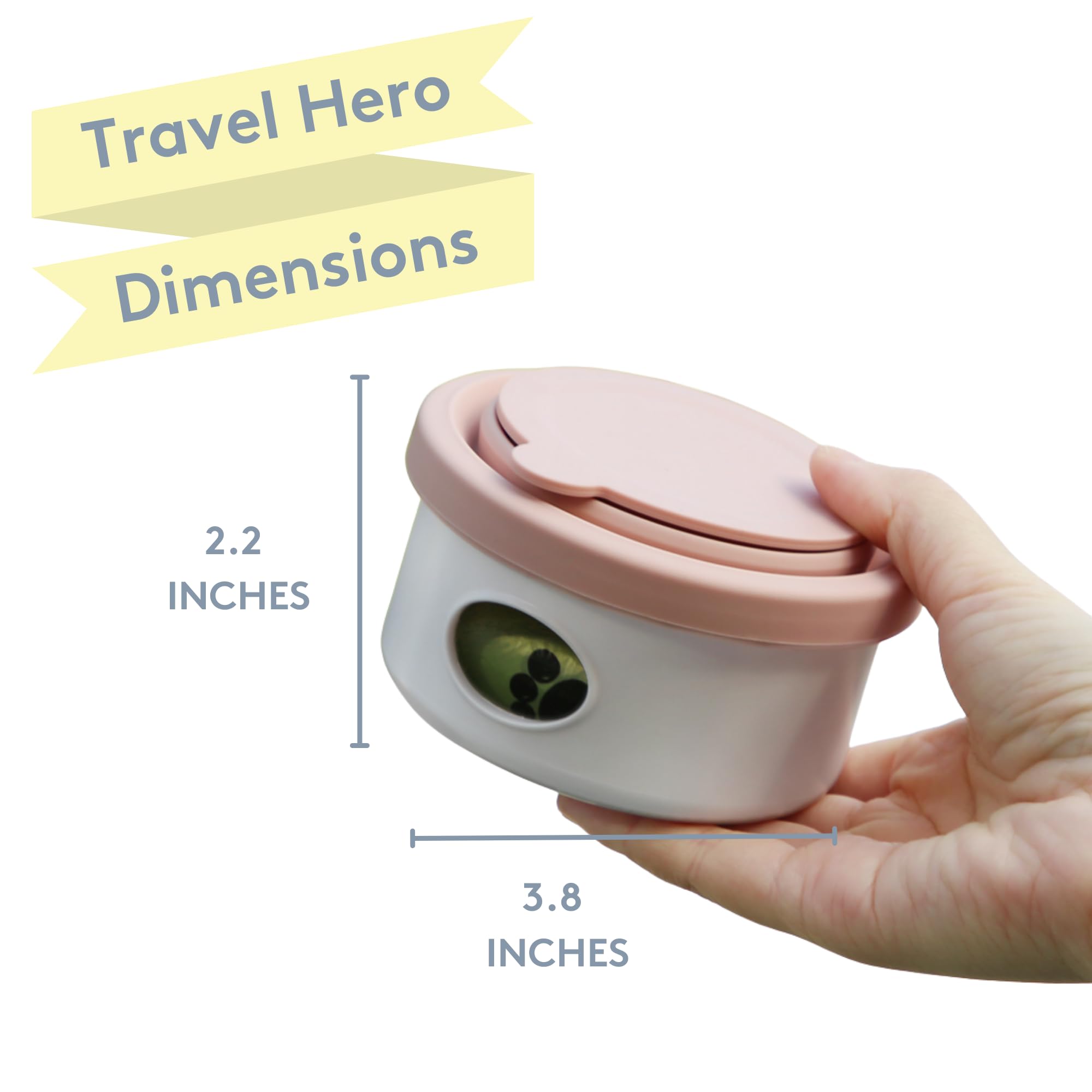 Sweet Paws Travel Hero Récipient portable 3 en 1 pour nourriture pour animaux de compagnie, bol d'eau en silicone et distributeur de sacs à déjections canines en un, rose pâle