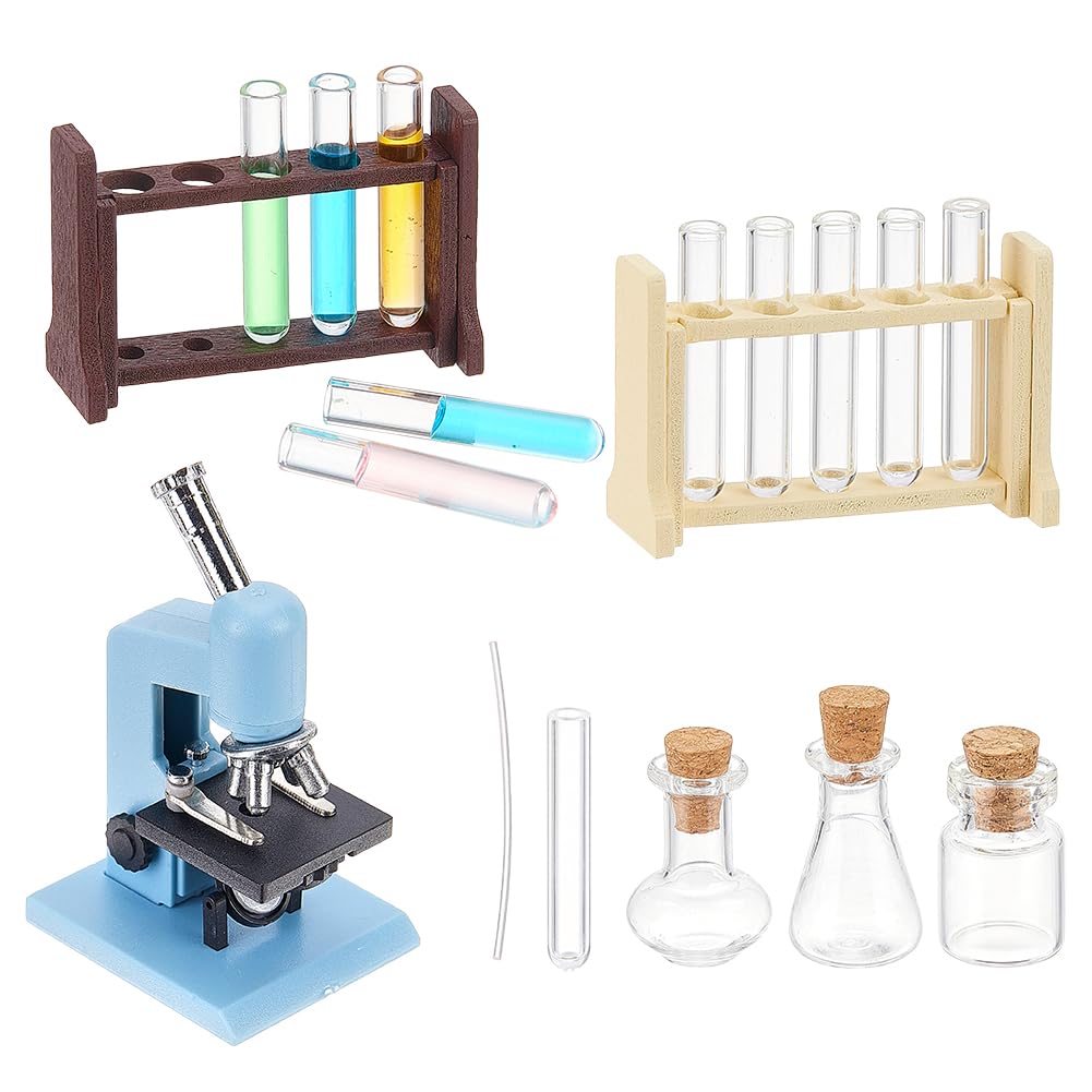 OLYCRAFT 1:12 Scale Miniatures Laboratory Accessories Blue Miniature Microscope and 2 Sets Miniature Test Tube Rack Plastic Dollhouse Mini Laboratory Tools for Minihouse Decoration