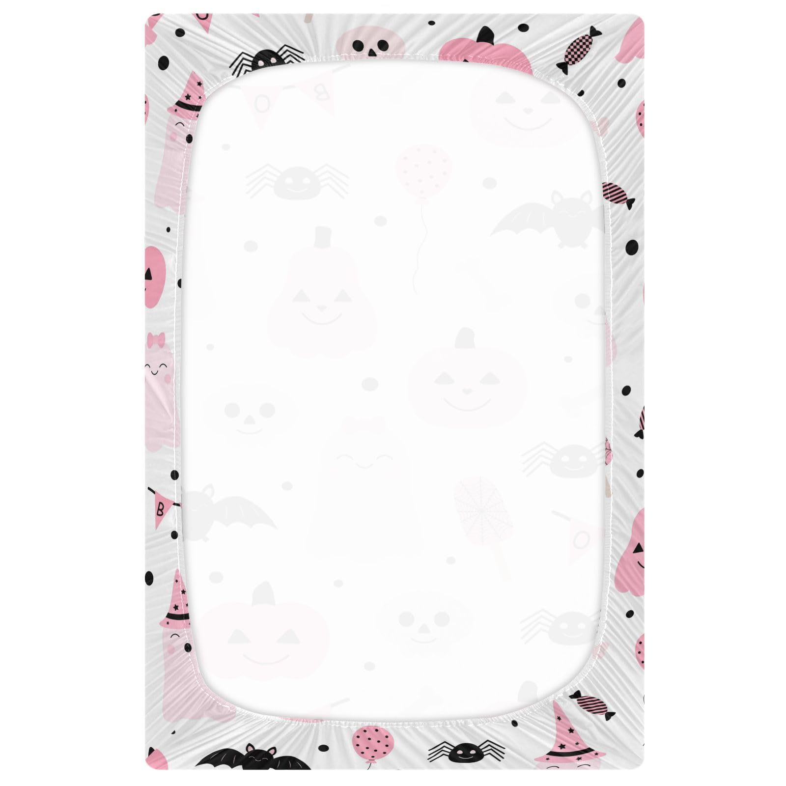 Pink Halloween Baby Crib Sheets – Spooky Pumpkin Witch Bats Design, Fitted Crib Mattress Cover 52x28 Inches, Soft Stretchy Polyester
