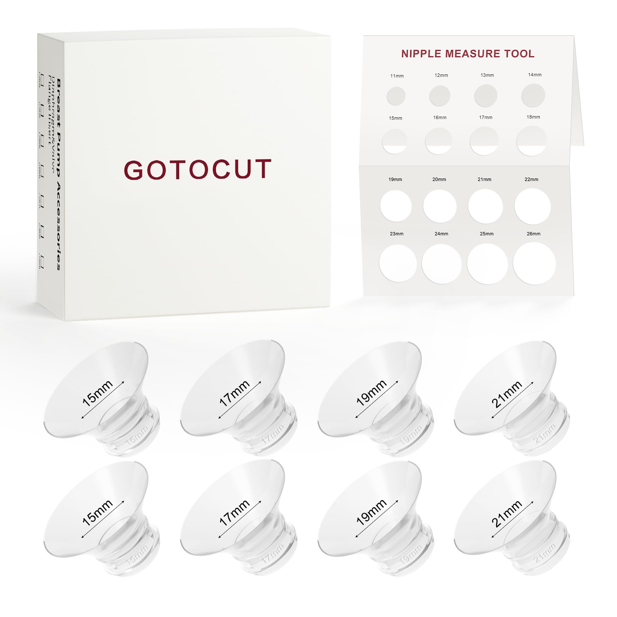 Gotocut 8PCS Flange Sizing Kit, 15/17/19/21mm Breast Pump Flange Inserts for Spectra,Elvie,Medela,Paruu,eufy,Momcozy S9Pro/S12Pro/M5/M9/V1Pro, Sizer for Flanges