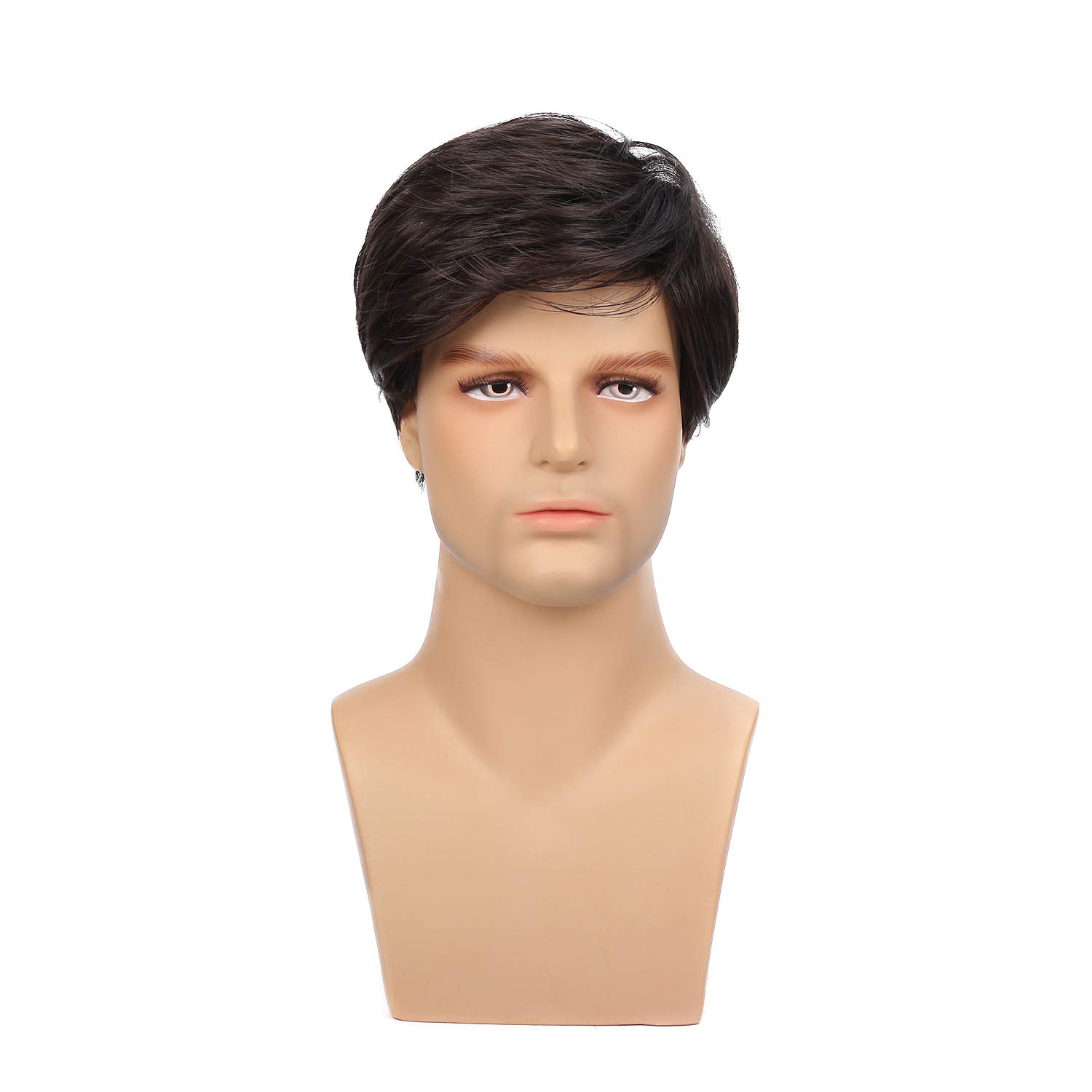 Kaneles Black Short Men Wigs Layered Syntheric Hair Cosplay Costume Party Daily Male Wigs with Cap (Black) - Image 2