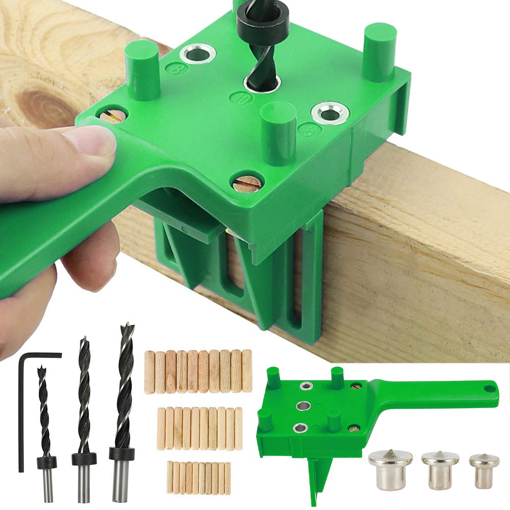 41-Piece Handheld Woodworking Dowel Jig Kit – 6mm, 8mm, 10mm Drill Guide With Metal Sleeves – Includes 30 Dowel Pins, 3 Drill Bits, And Limit Rings