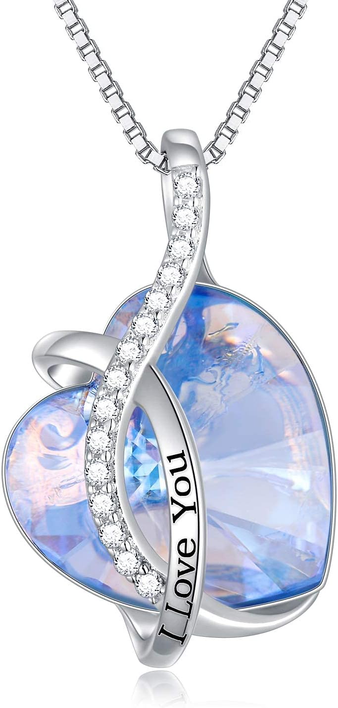 AOBOCO I Love You Sterling Silver 12 Birthstone Heart Pendant Necklace Embellished with Crystals from Austria, Mother's Day Anniversary Birthday Jewelry Christmas Gifts for Women Grandma Nana