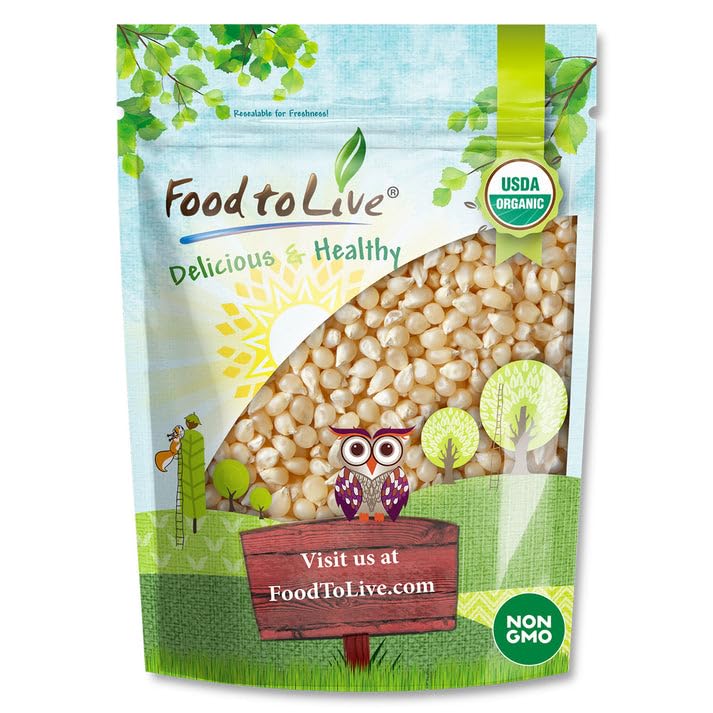 Food to Live Organic White Popcorn Kernels, 1 Pounds – Hulless Uncooked Whole Corn Ideal for Popping. USA Grown, USDA Certified. Non-GMO, Vegan, Kosher, Bul