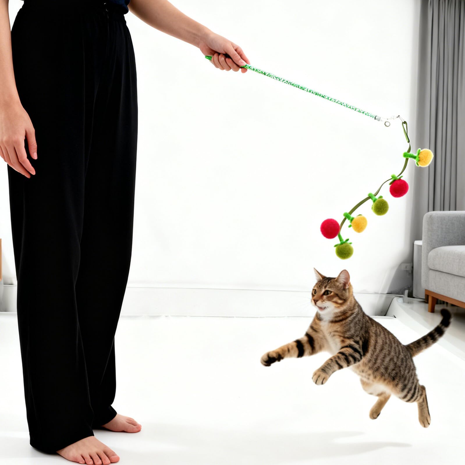 BESTonZON Baguette à Chat 88 CM avec Balle en Kaki et Clochette Interactif Léger et Flexible pour Chats et Chatons D’Intérieur Stimulation Active et Divertissement Quotidien