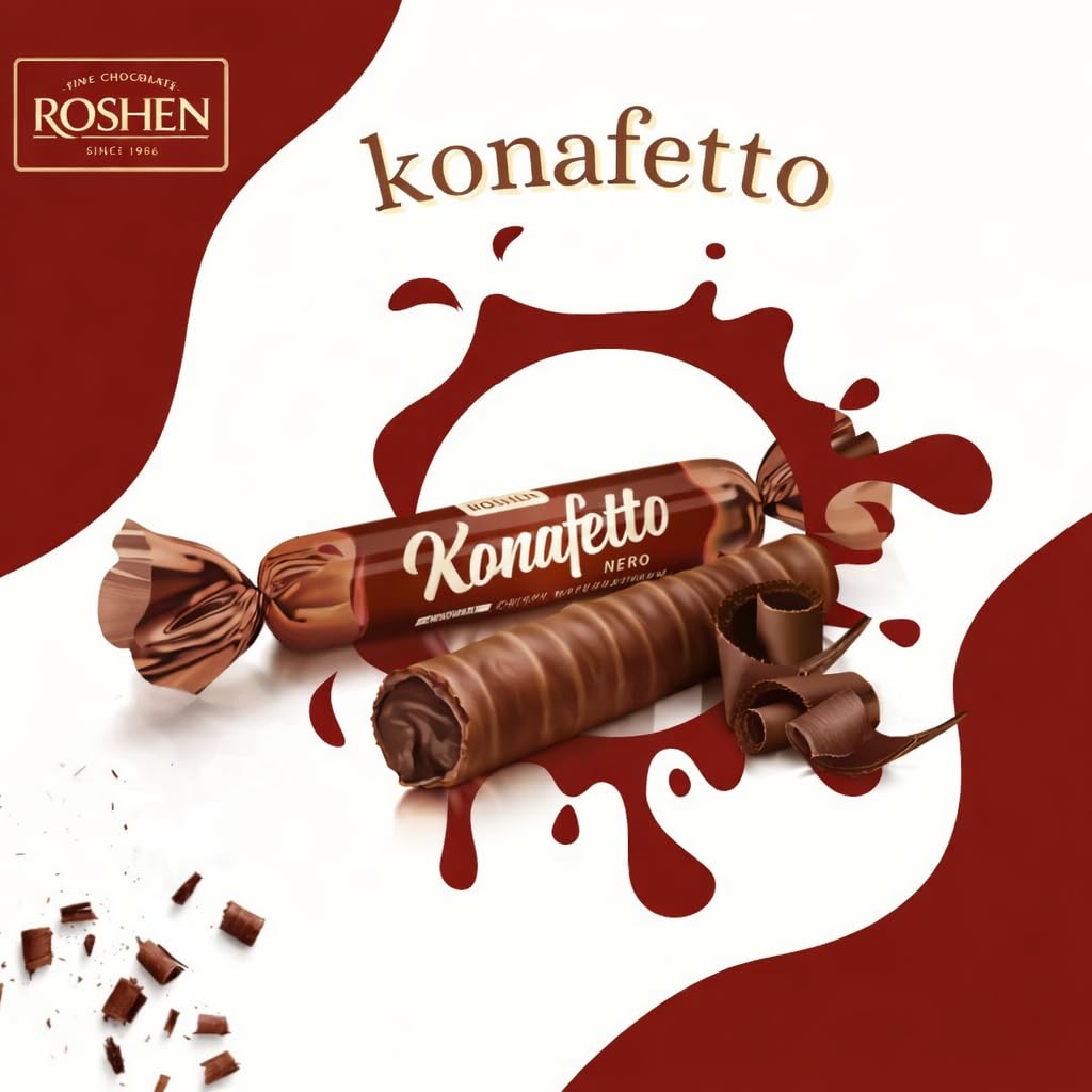 ROSHEN Konafetto (COCOA) Glazed Chocolate Candy Rolled – 1kg Family Value Pack By COUGAR – Eid Special, Crispy Rolled Wafers with Soft Creamy Filling, Chocolate Coated Crunchy Wafer Rolls, Imported European Snack for Sharing, Gifting, Parties, Office Treats & Dessert Platters – (IMPORTED - UKRAINE) 1