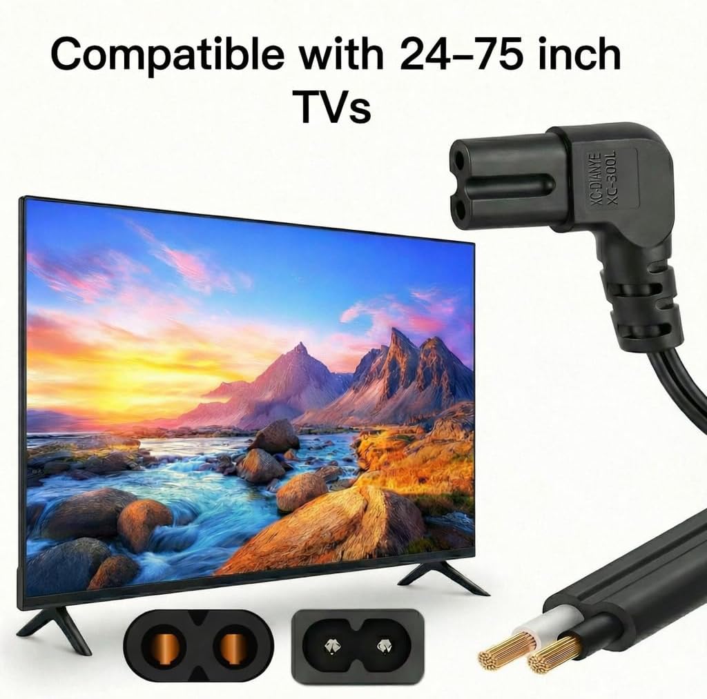 Right Angle 9.84FT TV Power Cord Replacement | IEC C7 to NEMA 1-15P,18AWG 2-Prong Figure 8 Power Cable,ETL Listed,Compatible with Samsung LG TCL TVs,Monitor Soundbar