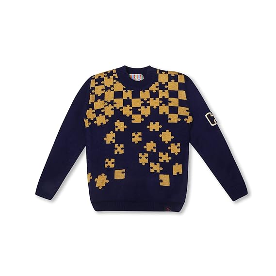 KNITCO Unisex Boys Woolen Acrylic Sweater Puzzle Pattern Regular fit Full Sleeves Winter Clothing Super Soft Feel Fun and Bold