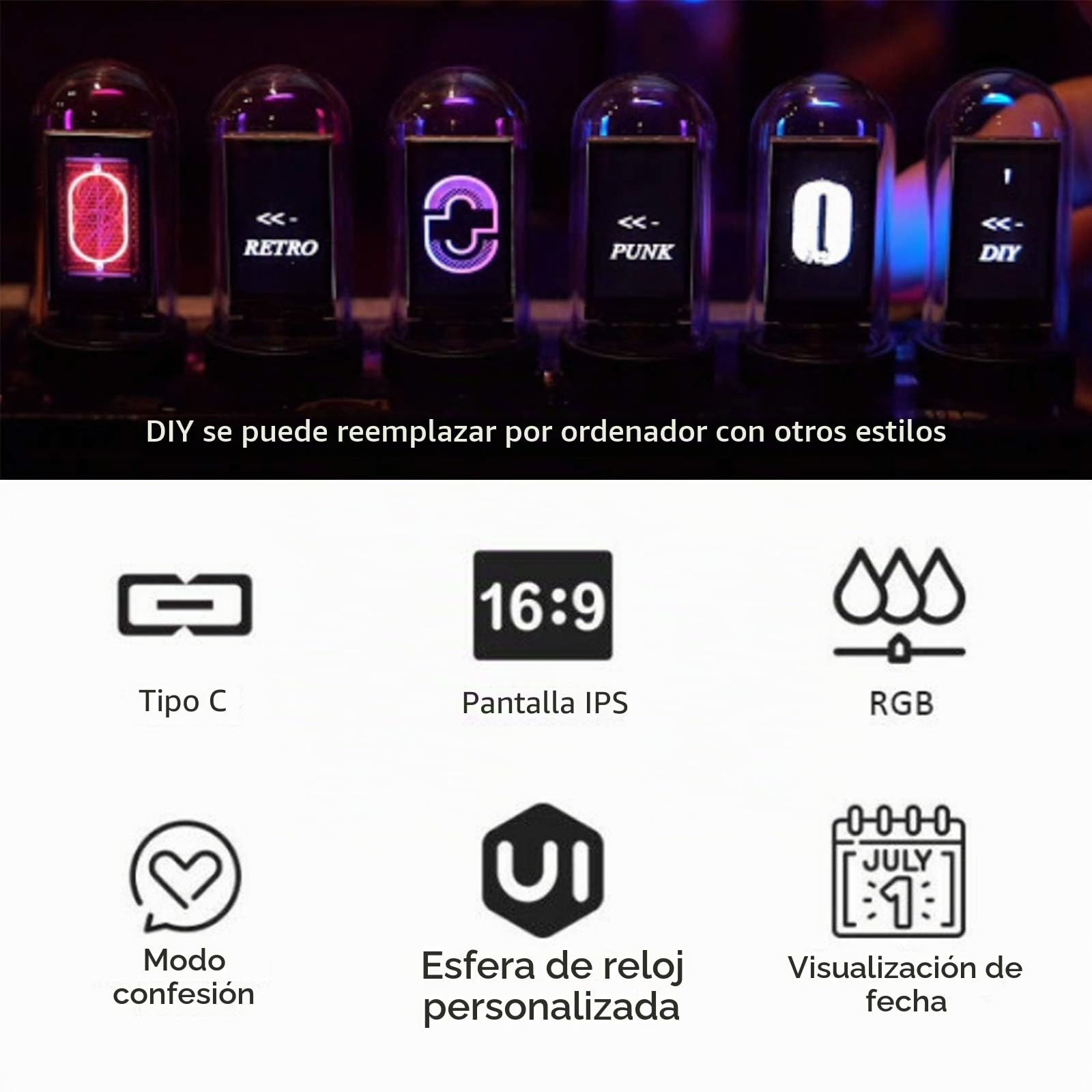 TWSOUL Reloj led Nixie, de tubos, digital, 20 modos, para montar en casa, pantalla de fotos personalizable, retro, vintage, con cable USB, regalo creativo