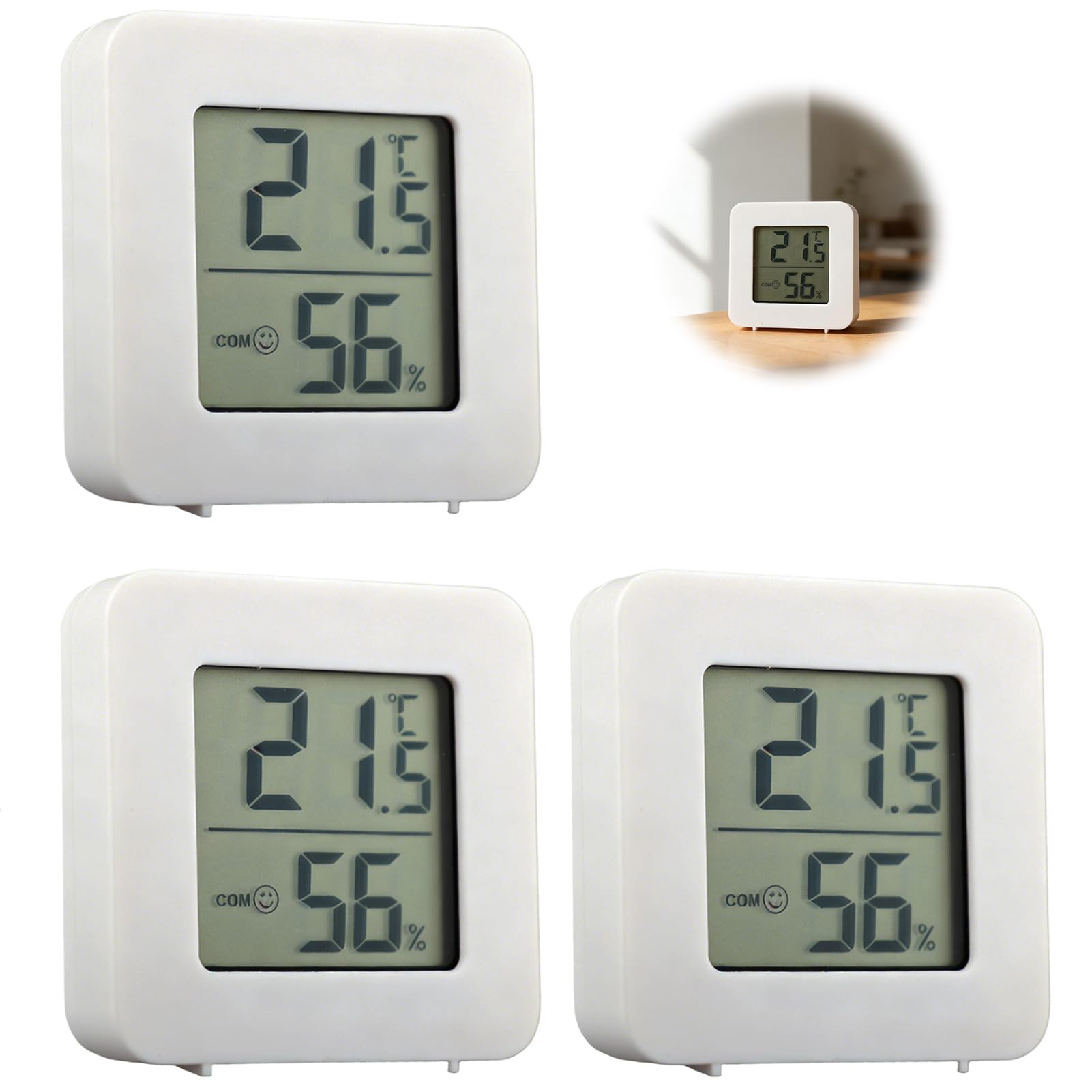 UIHRLM 3PCS Digital Hygrometer Thermometer, Wall Mounted Mini Room Thermometer with Adhesive Backing, LCD Smiley Temperature and Humidity for Bedroom, Baby Room, Warehouse, Greenhouse, Cellar
