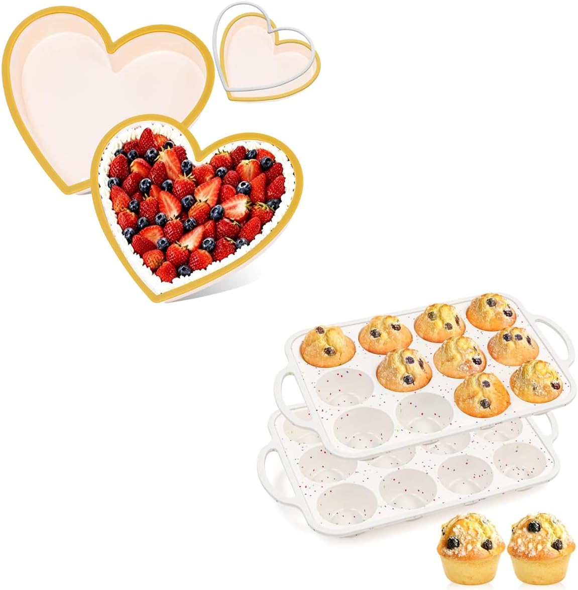 FUNBAKY Metal Reinforced Frame Silicone Muffin Pans 12 Cups Regular Size - 2 Pcs & 10 Inch Metal Framed Silicone Large Heart Cake Pans - 2 Pcs