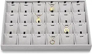 24 Grids Necklace Tray Jewelry Display Tray Necklace Holder Organizer for Drawers With Removable Jewelery Cards Pendant Bracelet Storage Holder (Grey