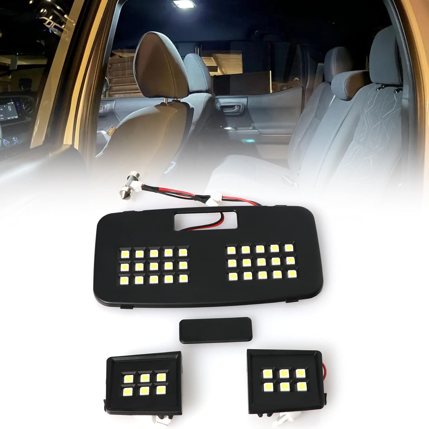 COMPLETE Interior LED Center Dome Light Panel (30 LEDs) + x2 Front Map Light (6 LEDs each, Left + Right) Panel Set Compatible with 2016-2022 Toyota Tacoma (White)