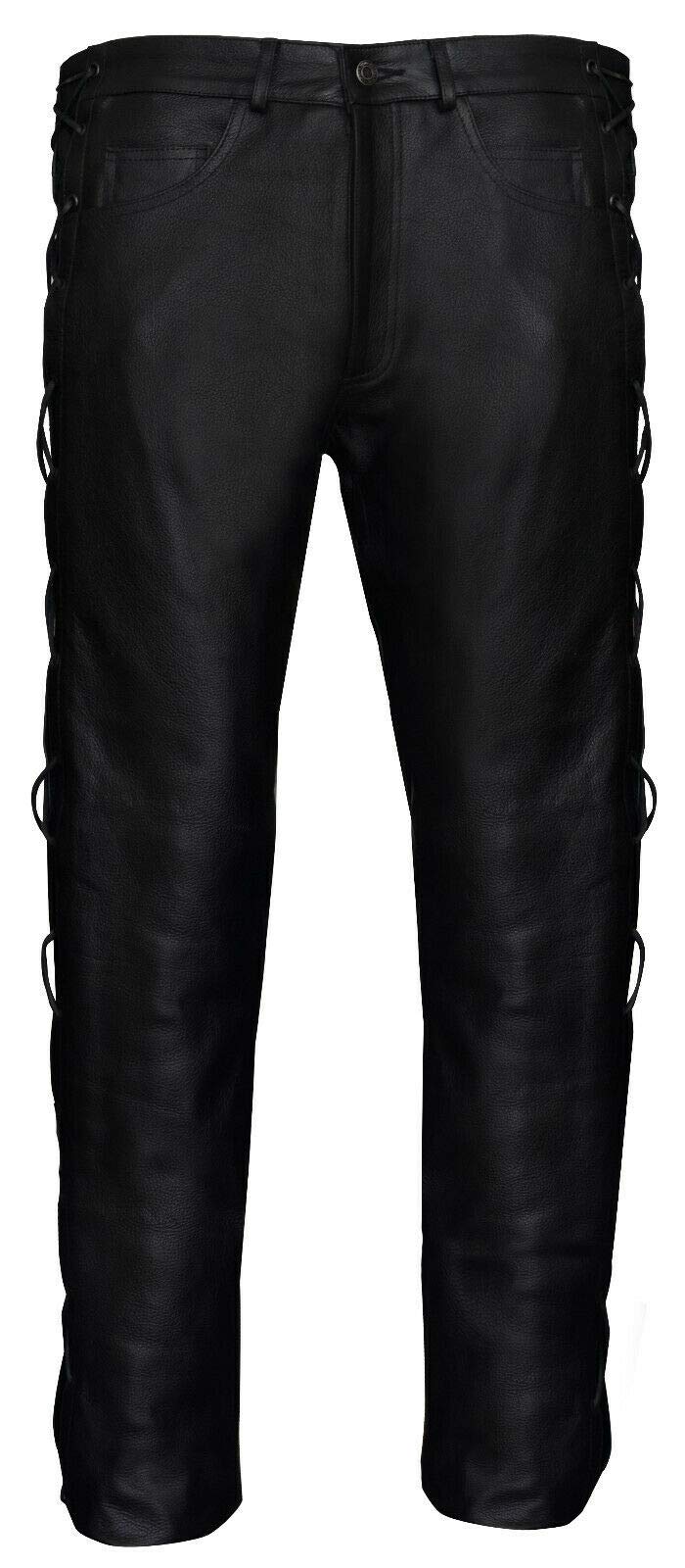 Mens Leather Motorcycle Trousers Classic Cowhide Black Biker Jeans with Laces 40