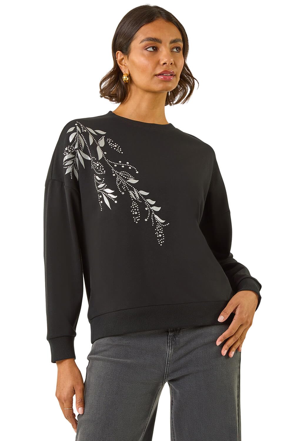 Roman Women's Black Floral Print Sweatshirt Size 16