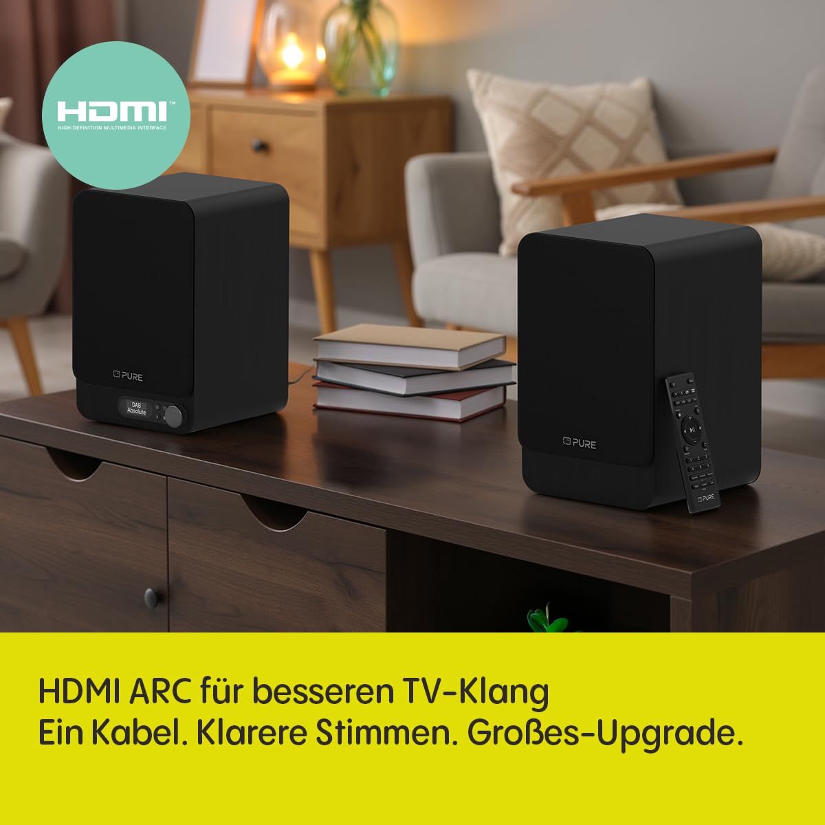 Pure Classic Active TV HiFi Radio Soundsystem mit Echtem Stereo, HDMI ARC, Bluetooth 5.3, DAB+ & FM Radio, USB-C Soundkarte, OLED Display, Fernbedienung, Schwarz
