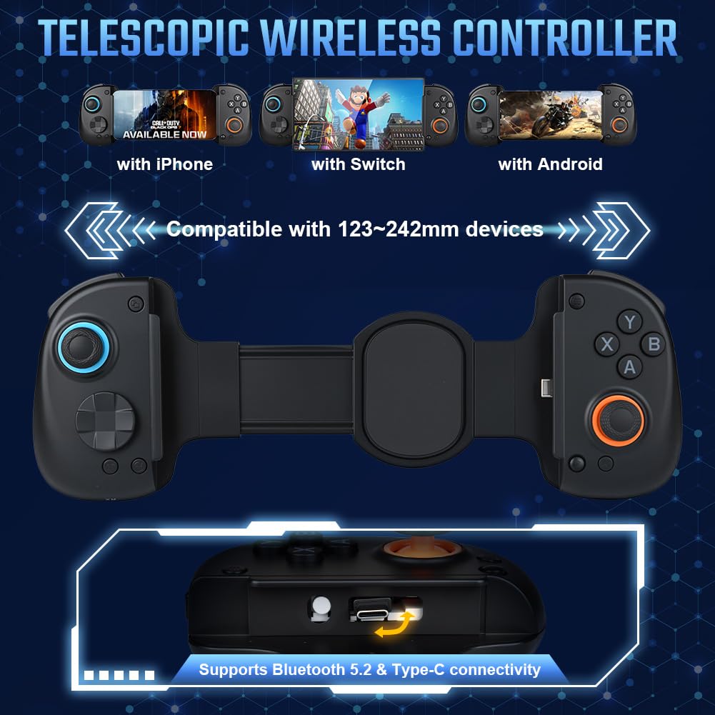 AOOSU Mobile Gaming Controller, Controller di Gioco Mobile per Android/iOS, Gamepad Wireless, Joystick Analogico Anti-deriva, Compatibile con Android, iOS, Switch e PC (Nero)