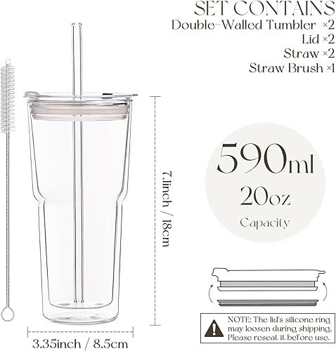 Miniatura 3 de KEMORELA 2 vasos de vidrio de doble pared de 20 onzas con tapas y popotes, vasos de vidrio de borosilicato aislados para café con leche helado,