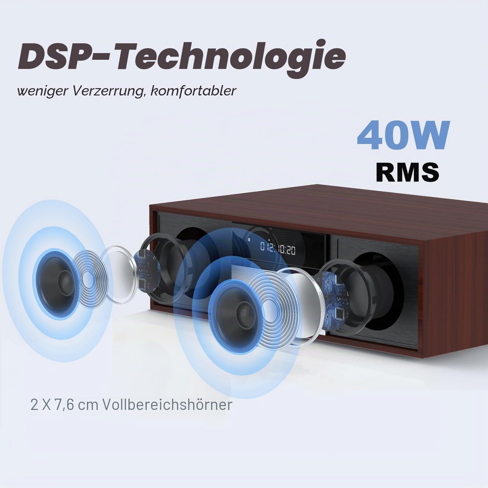 LONPOO Kompaktanlagen Micro HiFi-System, 40W RMS CD-Stereoanlage Musikanlage mit CD-Player, UKW Radio, Bluetooth, AUX-IN, Kopfhörer Ausgang, DSP-Tech, Klänge löschen& Satter Bass Ton