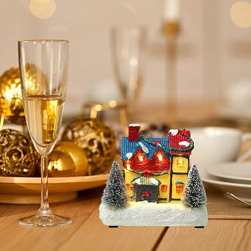 Miniatura 6 de Casa de pueblo de Navidad con luces, figuras de resina con iluminación LED Casas de pueblo de Navidad con árbol de Navidad  Escena de nieve Ciudad