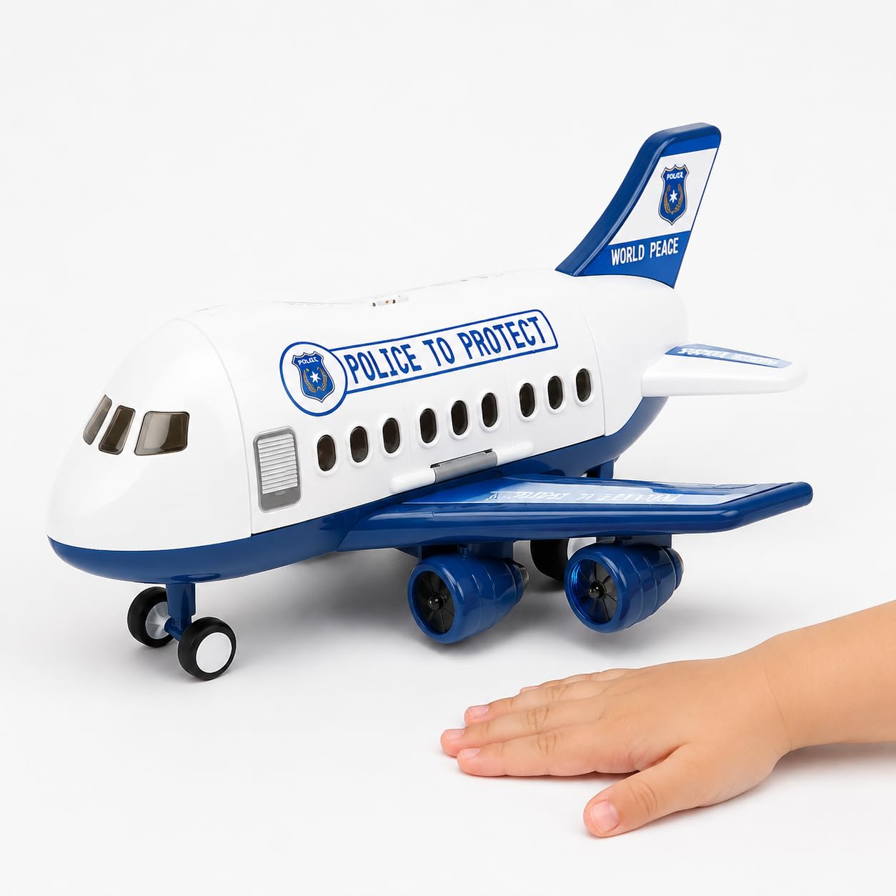 Avión jugue Grande, Recargable, con 4 coch de aleación y señal, Regalo para niños 4+ años, Avión de policía con 4 Coches