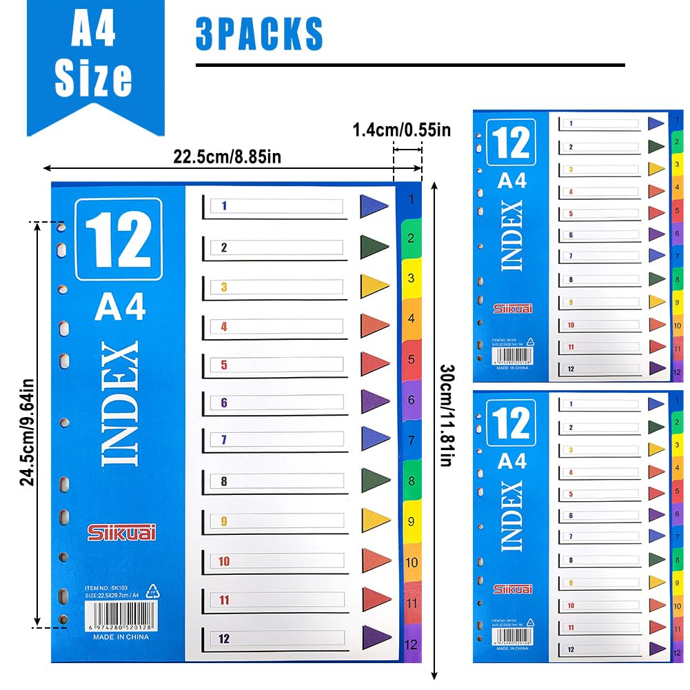Set van 4 12-delige mappen, scheidingsbladen, 48-delige tabbladen voor ordners A4, 11 gaten, scheidslipjes, mappenverdeler, register voor ordners, mappen, organisatie, veelkleurig