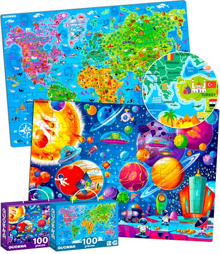 100 Pieces Jigsaw Puzzles for Kids Ages 4-8 by Quokka – Big Floor Puzzles for Toddlers 3-5 Years Old – Toys for Learning World Map and Solar System - Gift for Boys and Girl Ages 6-8-10